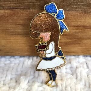 1972 Joan Walsh Anglund Cloisonné Enamel Girl Pin Wolfpit Taiwan Signed Kawaii